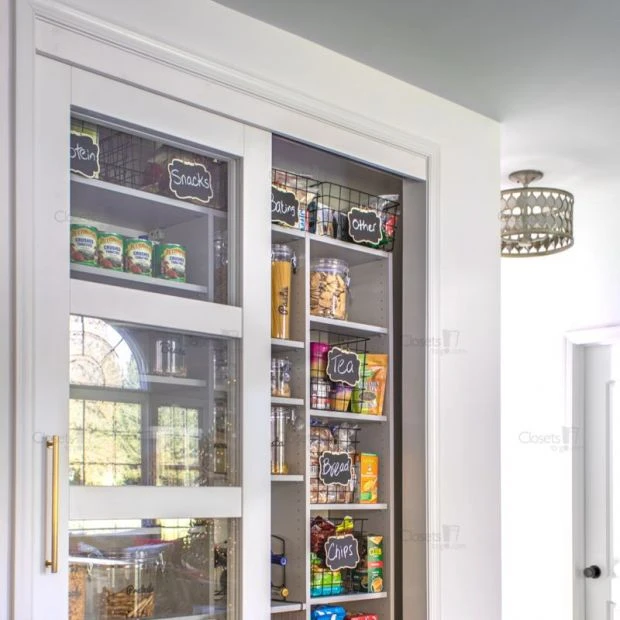 An image of a Reach In Pantry with Glass Doors - Custom Grey Glass fronts